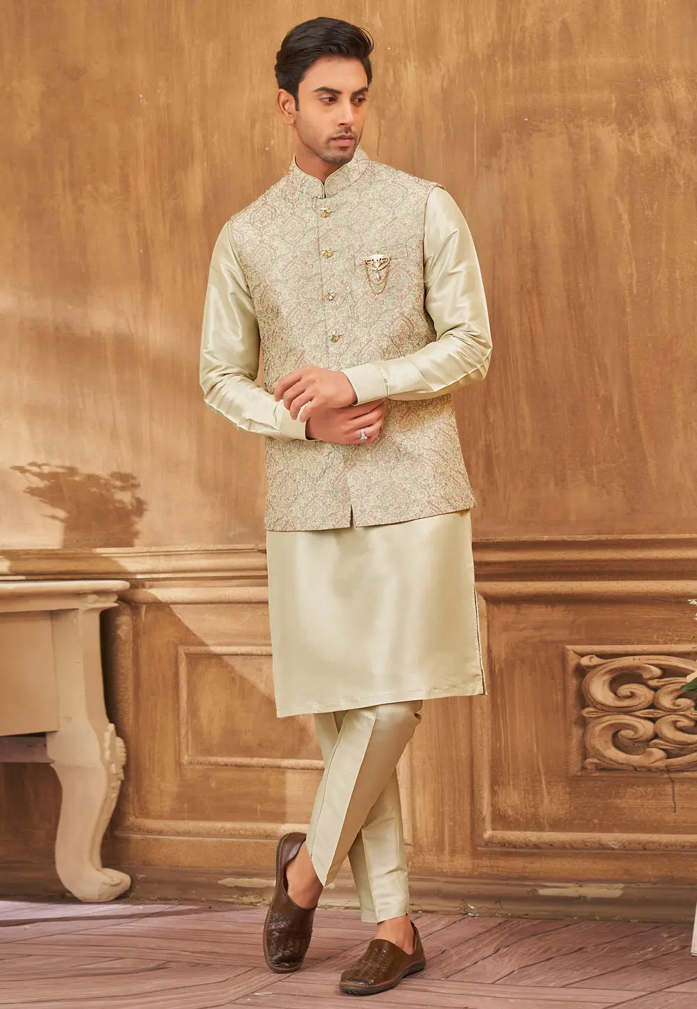 Beige Art Silk Kurta Pajama With Jacket 296641