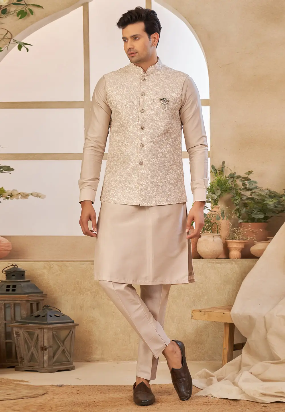 Beige Art Silk Kurta Pajama With Jacket 296682