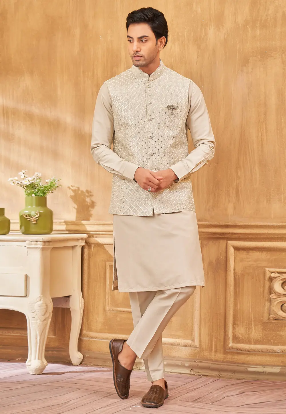 Beige Art Silk Kurta Pajama With Jacket 296687