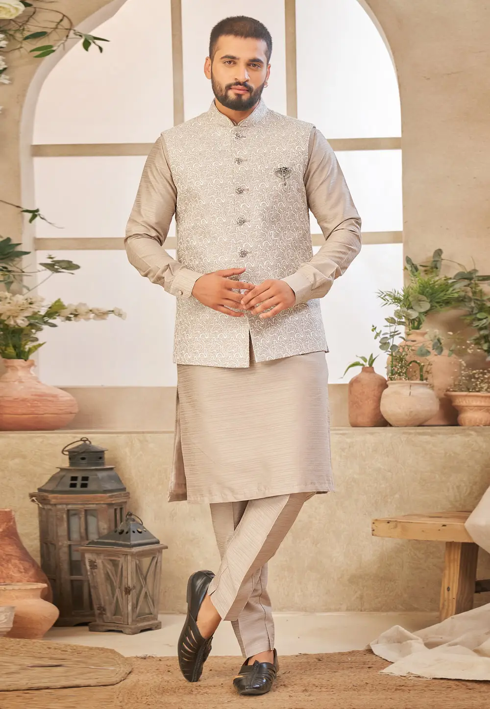 Beige Art Silk Kurta Pajama With Jacket 296704