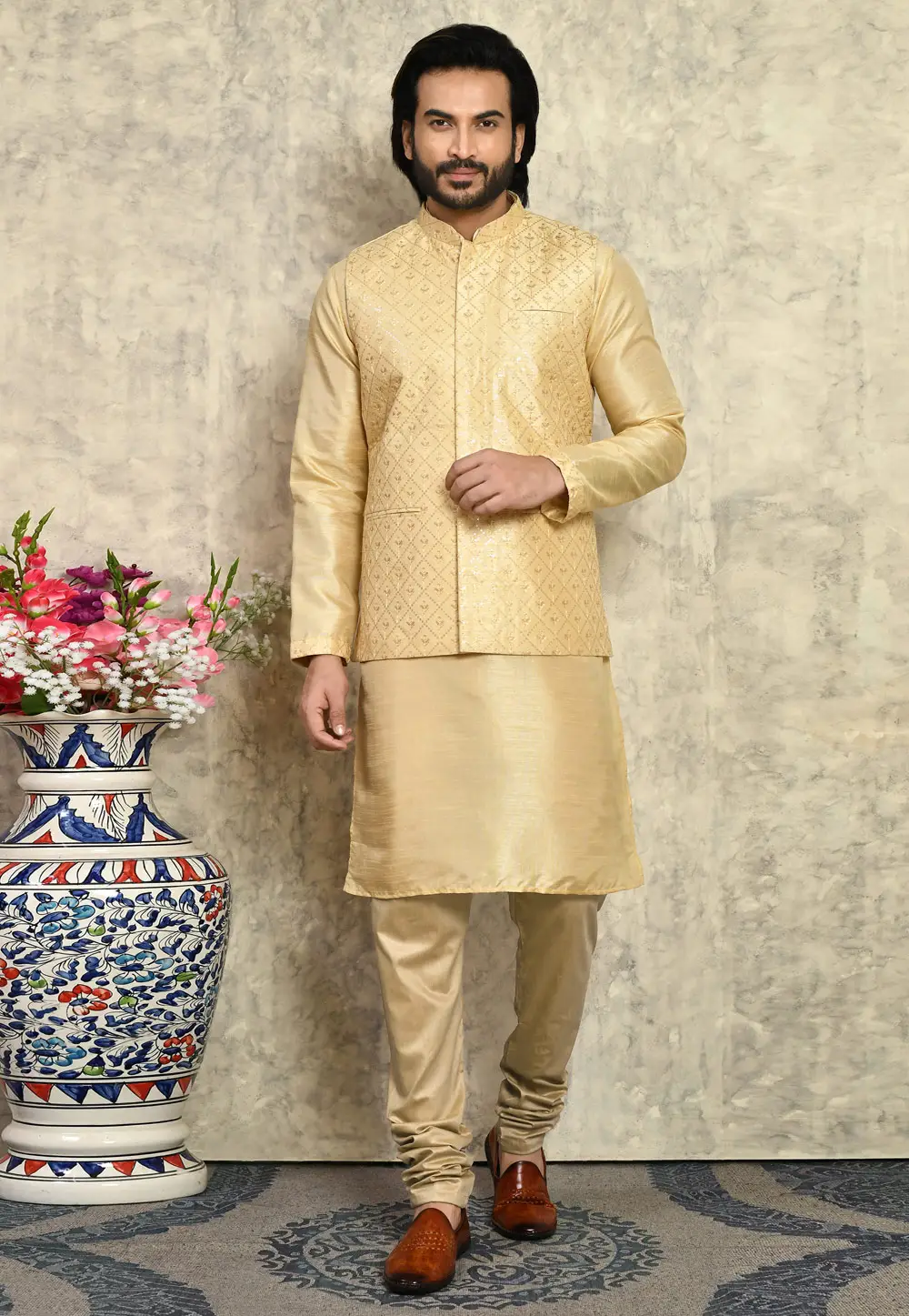 Beige Art Silk Kurta Pajama With Jacket 295440