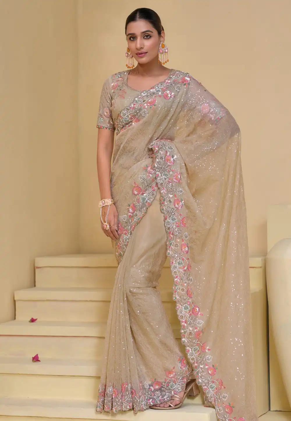 Beige Banarasi Sequence Saree 294893