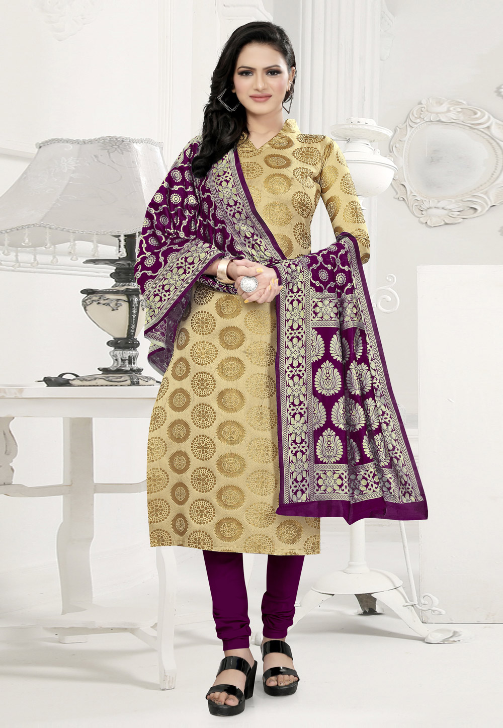Beige Banarasi Silk Churidar Suit 278409