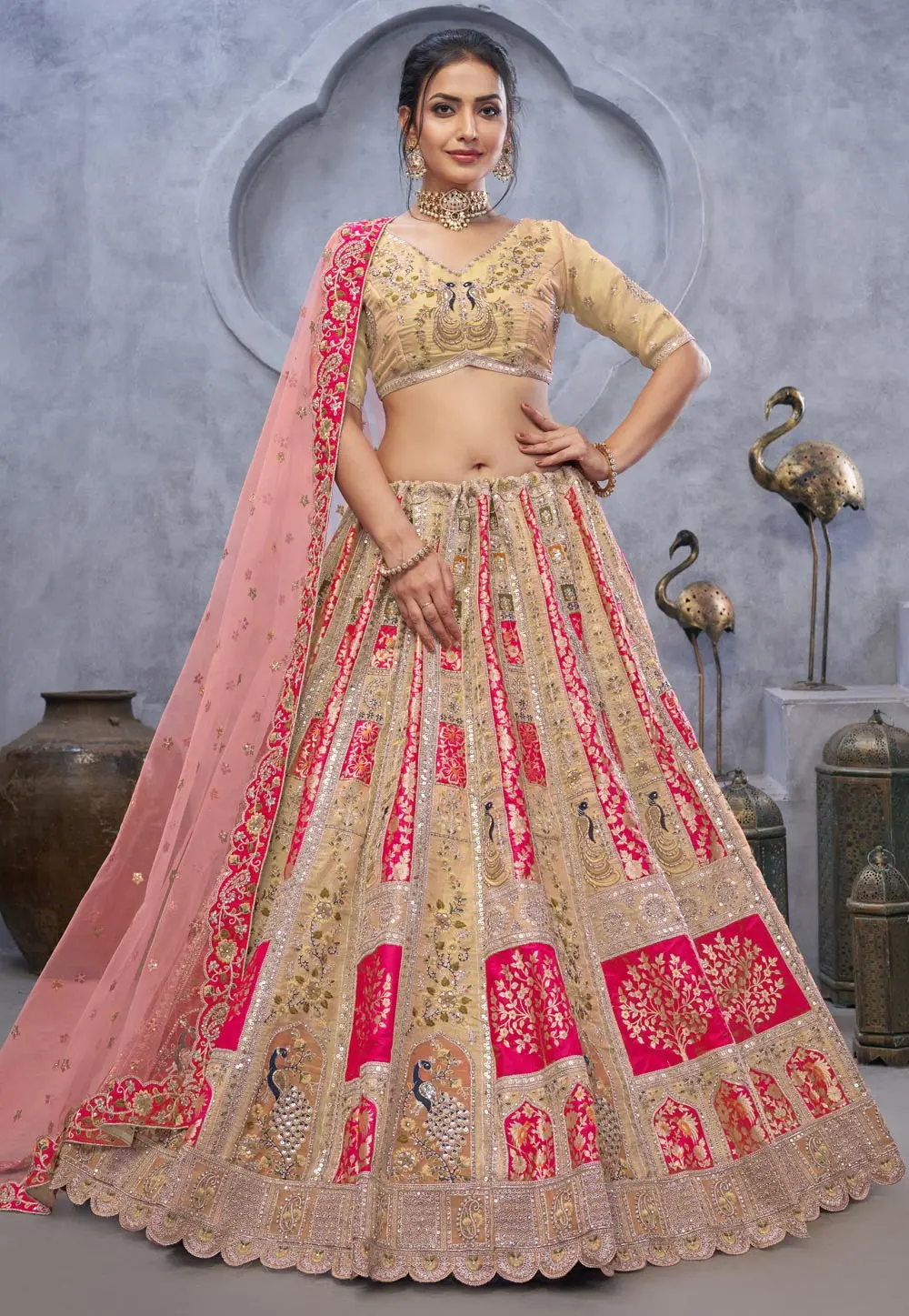 Beige Banarasi Silk Circular Lehenga Choli 303687