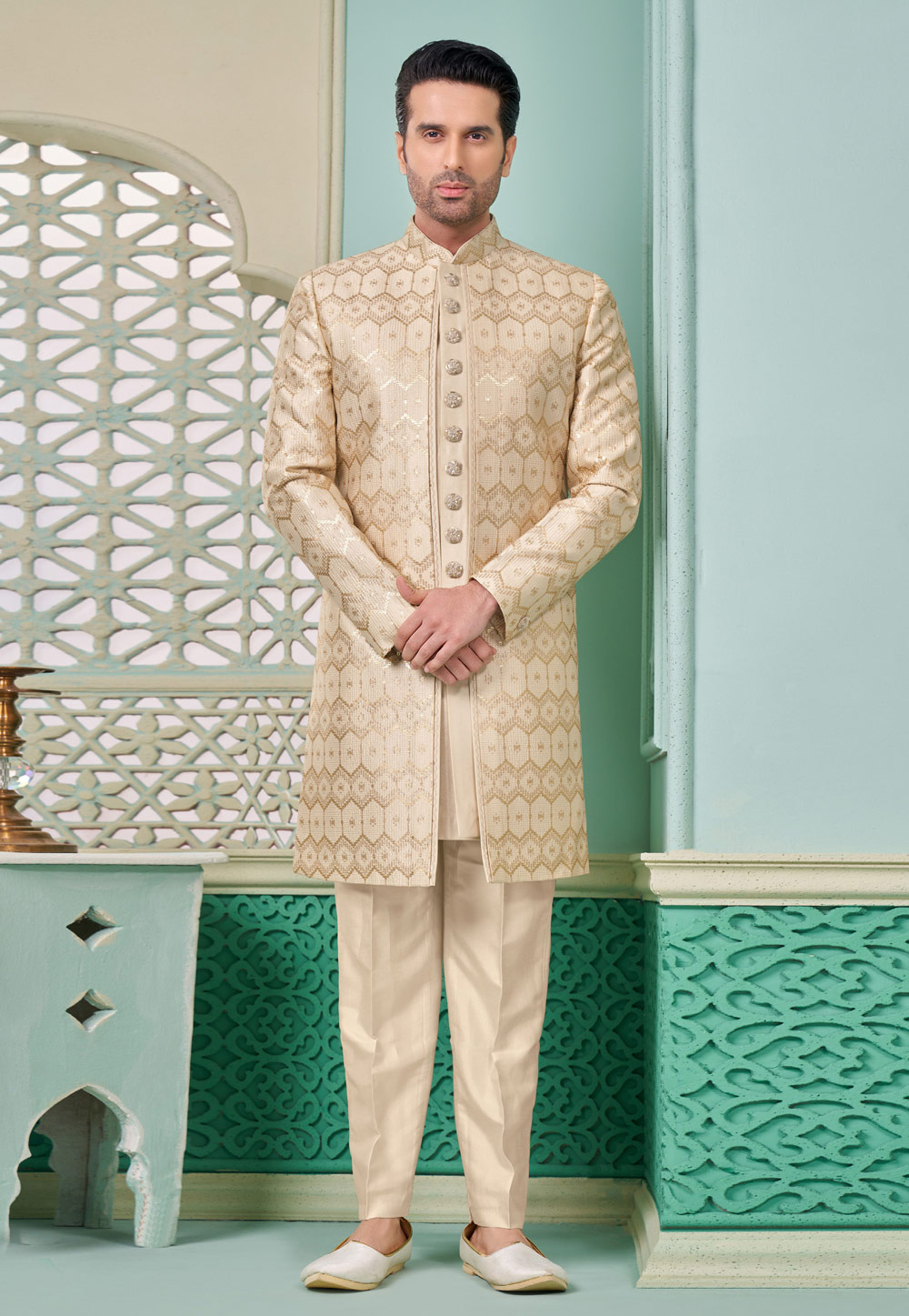 Beige Banarasi Silk Jacket Style Sherwani 285351