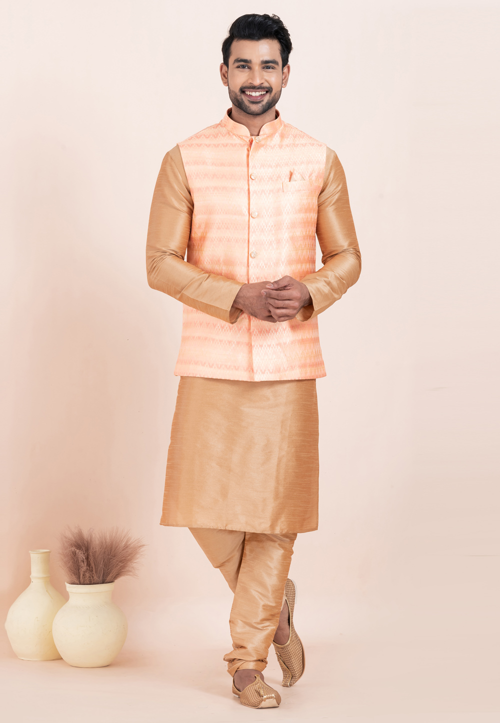 Beige Banarasi Silk Kurta Pajama With Jacket 304821