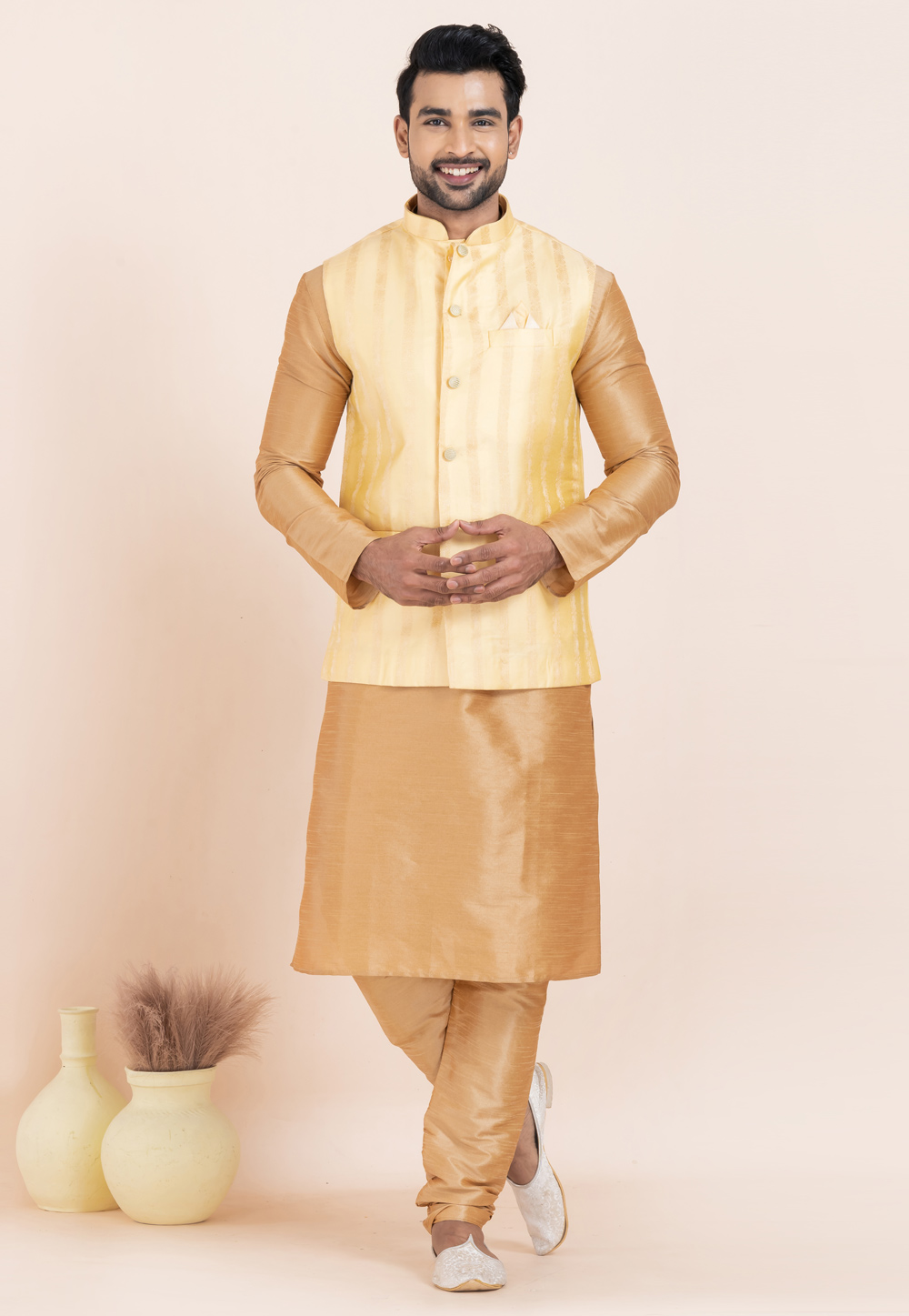 Beige Banarasi Silk Kurta Pajama With Jacket 304822