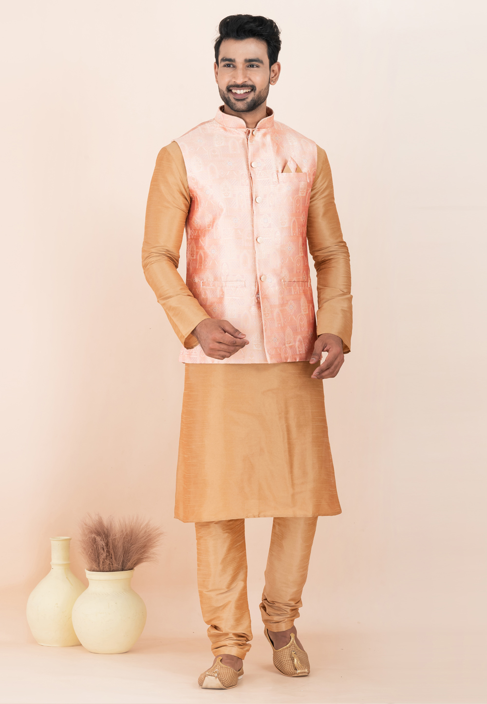 Beige Banarasi Silk Kurta Pajama With Jacket 304839