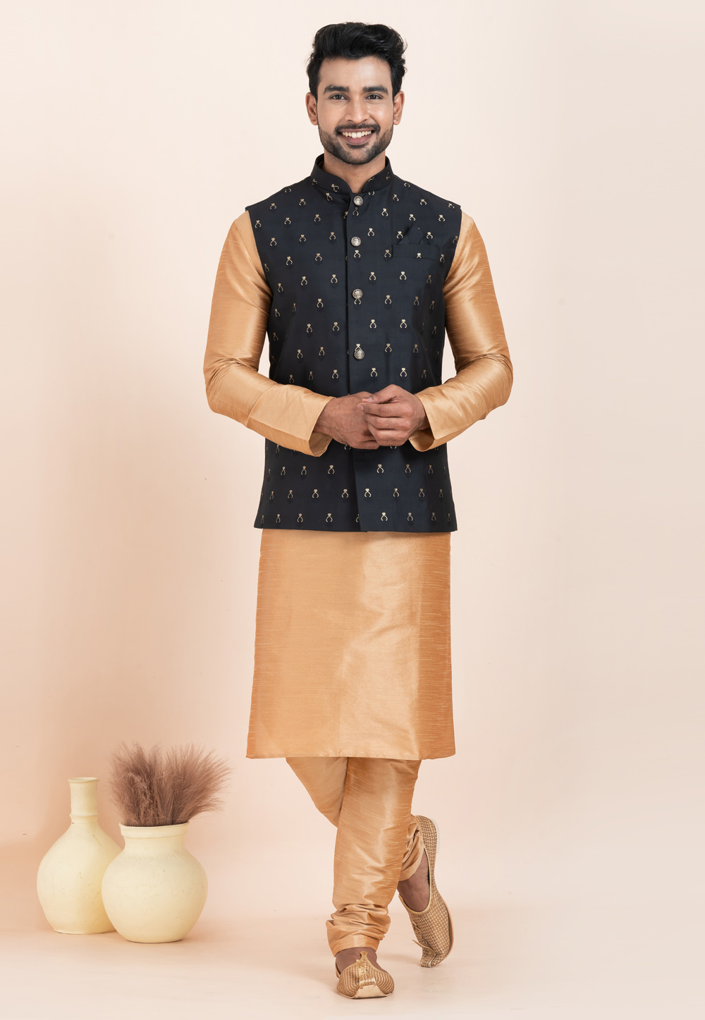 Beige Banarasi Silk Kurta Pajama With Jacket 304840