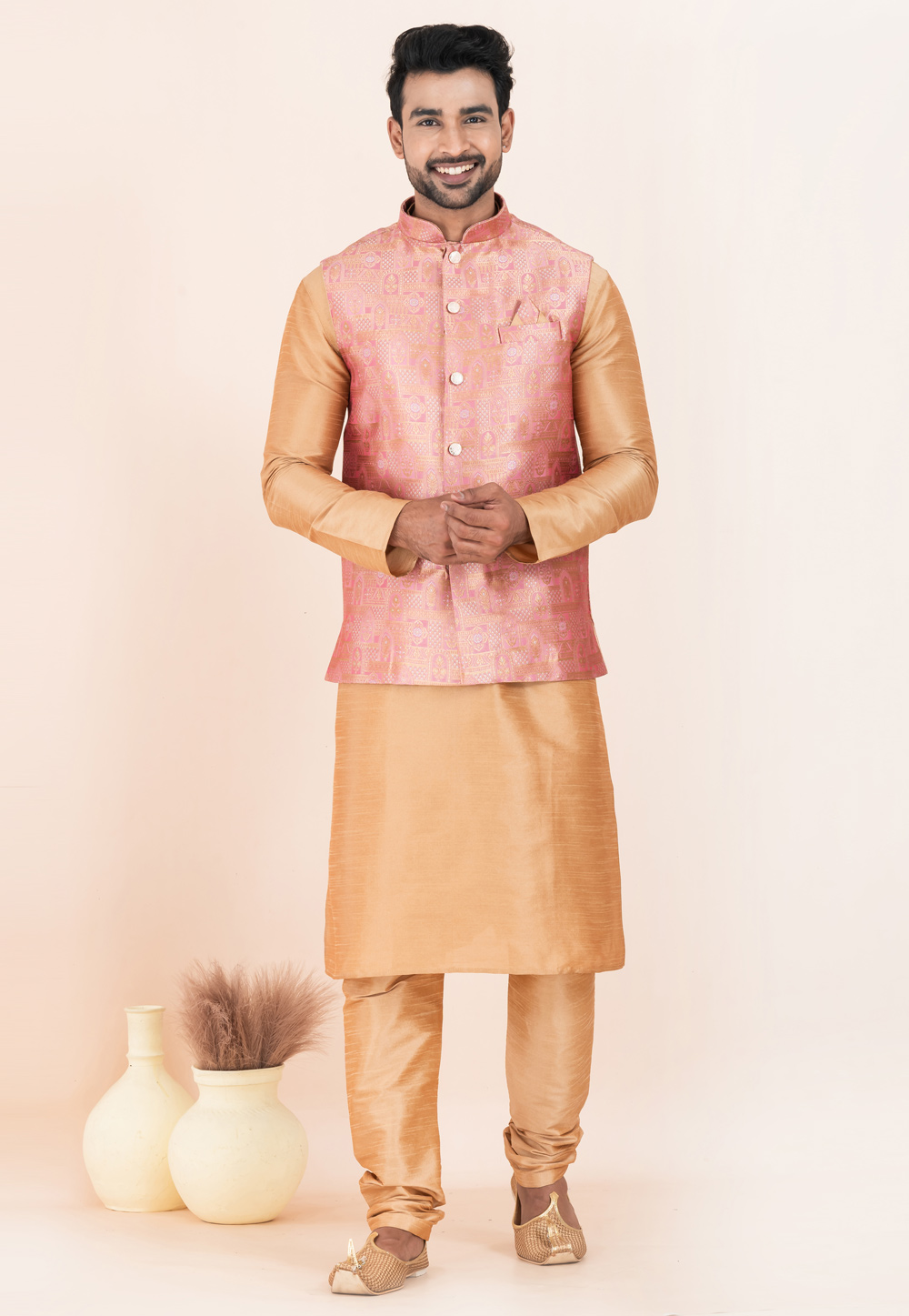 Beige Banarasi Silk Kurta Pajama With Jacket 304841