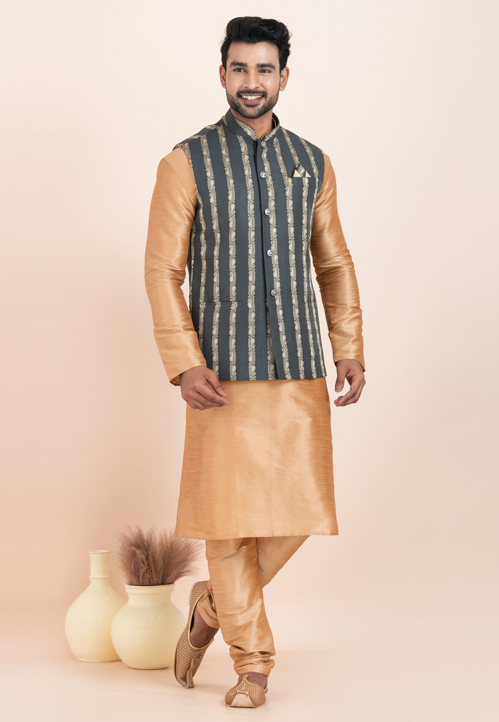 Beige Banarasi Silk Kurta Pajama With Jacket 304842