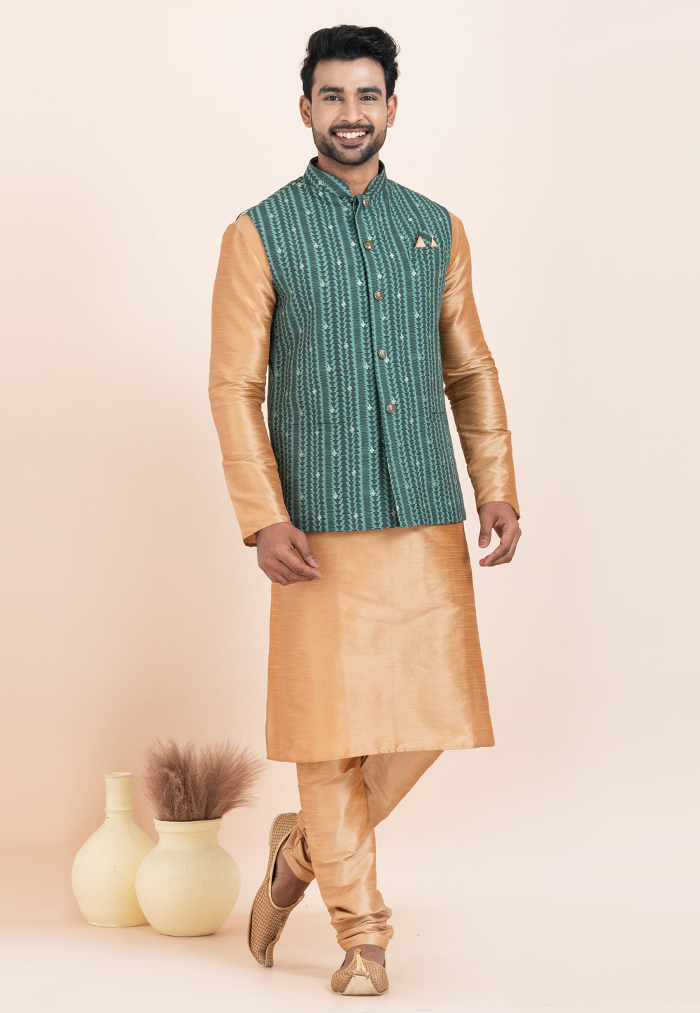 Beige Banarasi Silk Kurta Pajama With Jacket 304844