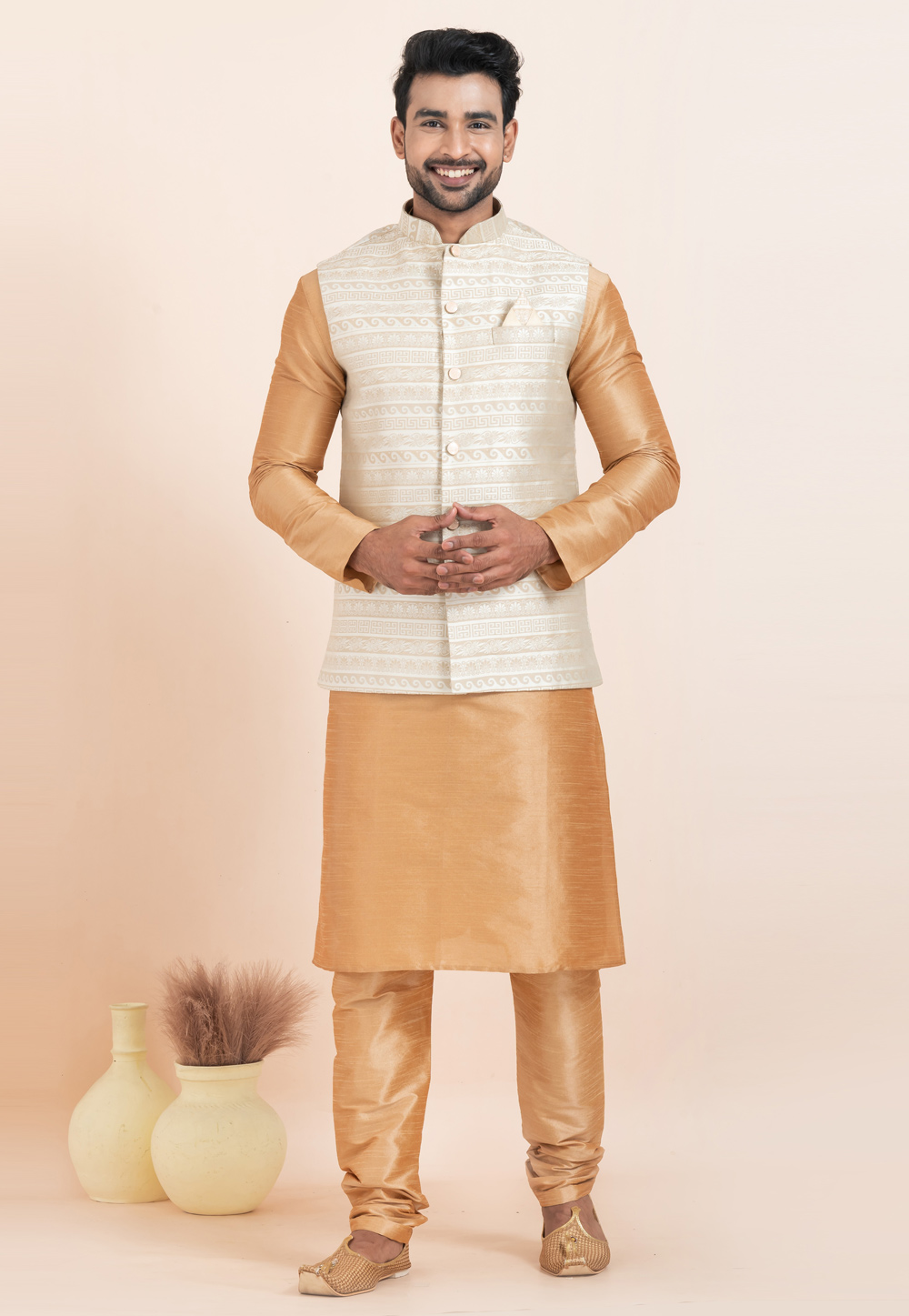 Beige Banarasi Silk Kurta Pajama With Jacket 304846