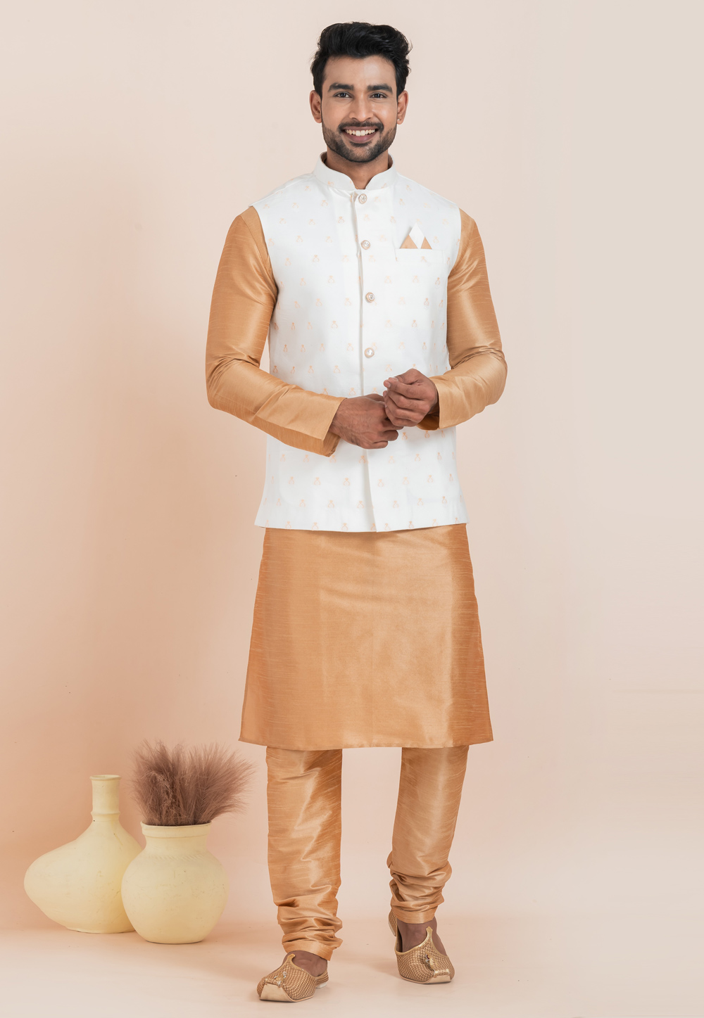 Beige Banarasi Silk Kurta Pajama With Jacket 304847