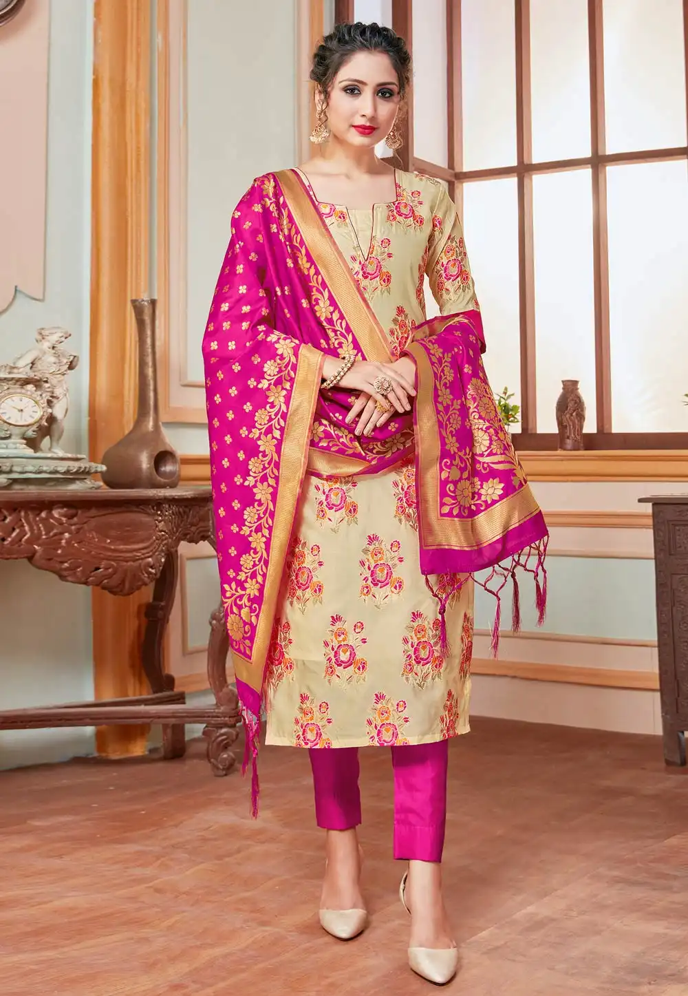 Beige Banarasi Silk Readymade Pant Style Suit 288941