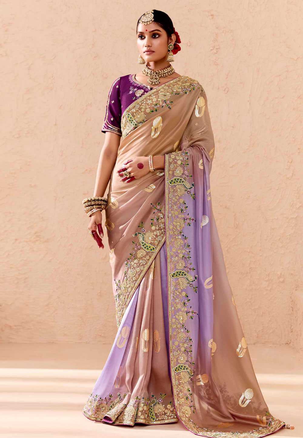 Beige Bemberg Saree With Blouse 305400