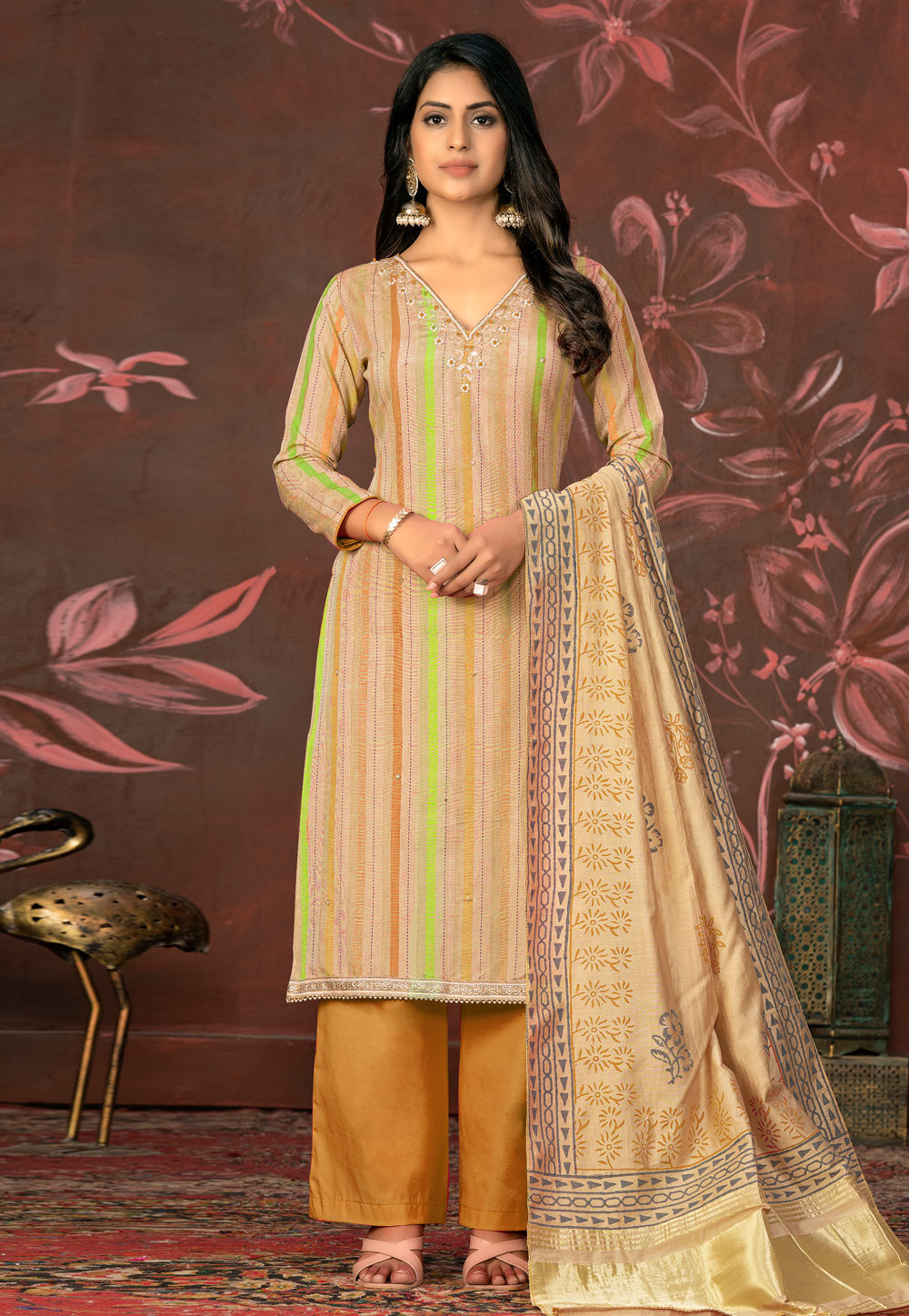 Beige Cambric Cotton Pakistani Suit 281242