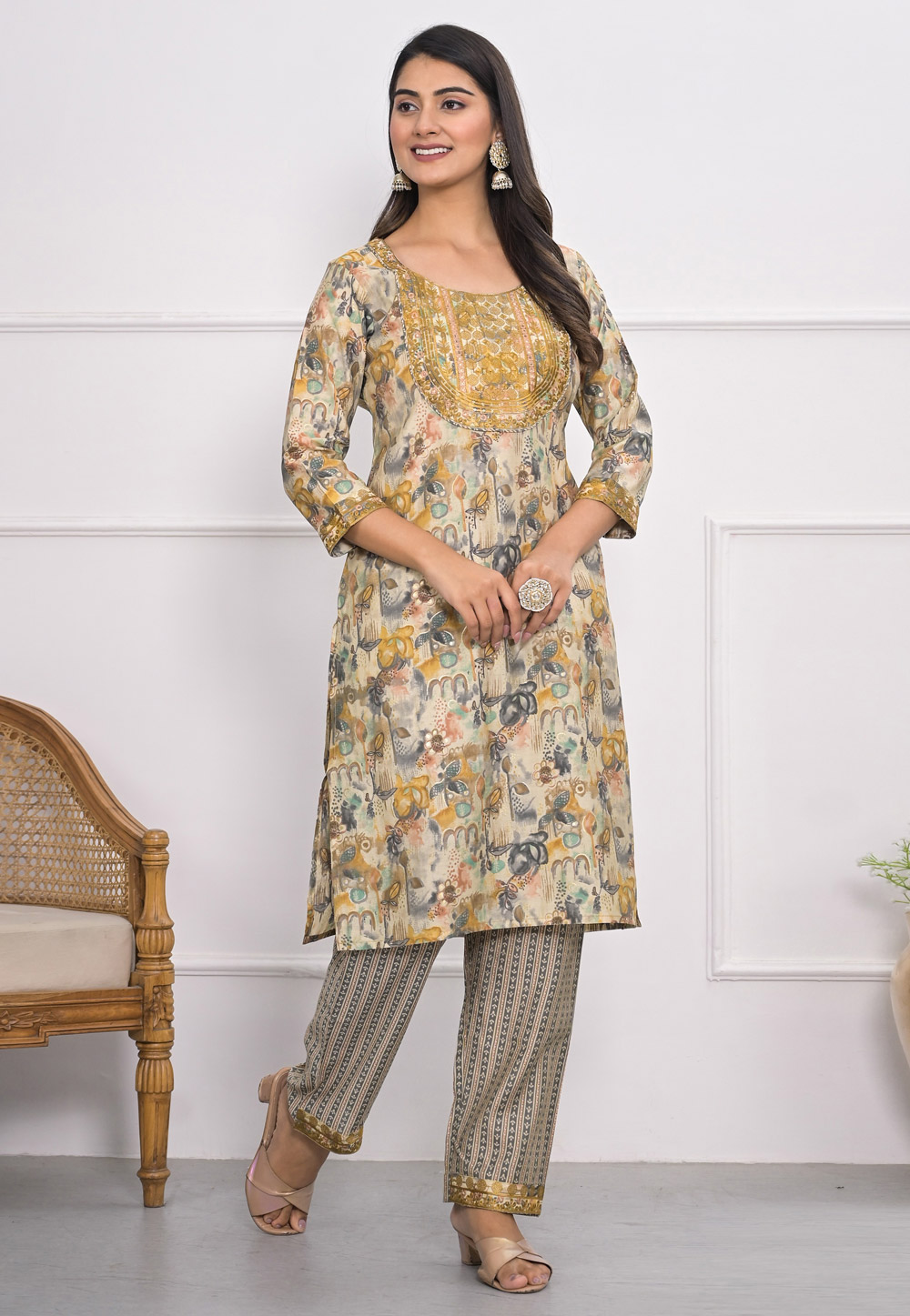 Beige Chanderi Kurta Set With Pant 305360