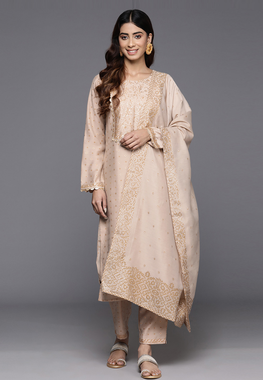 Beige Chanderi Readymade Pant Style Suit 282010