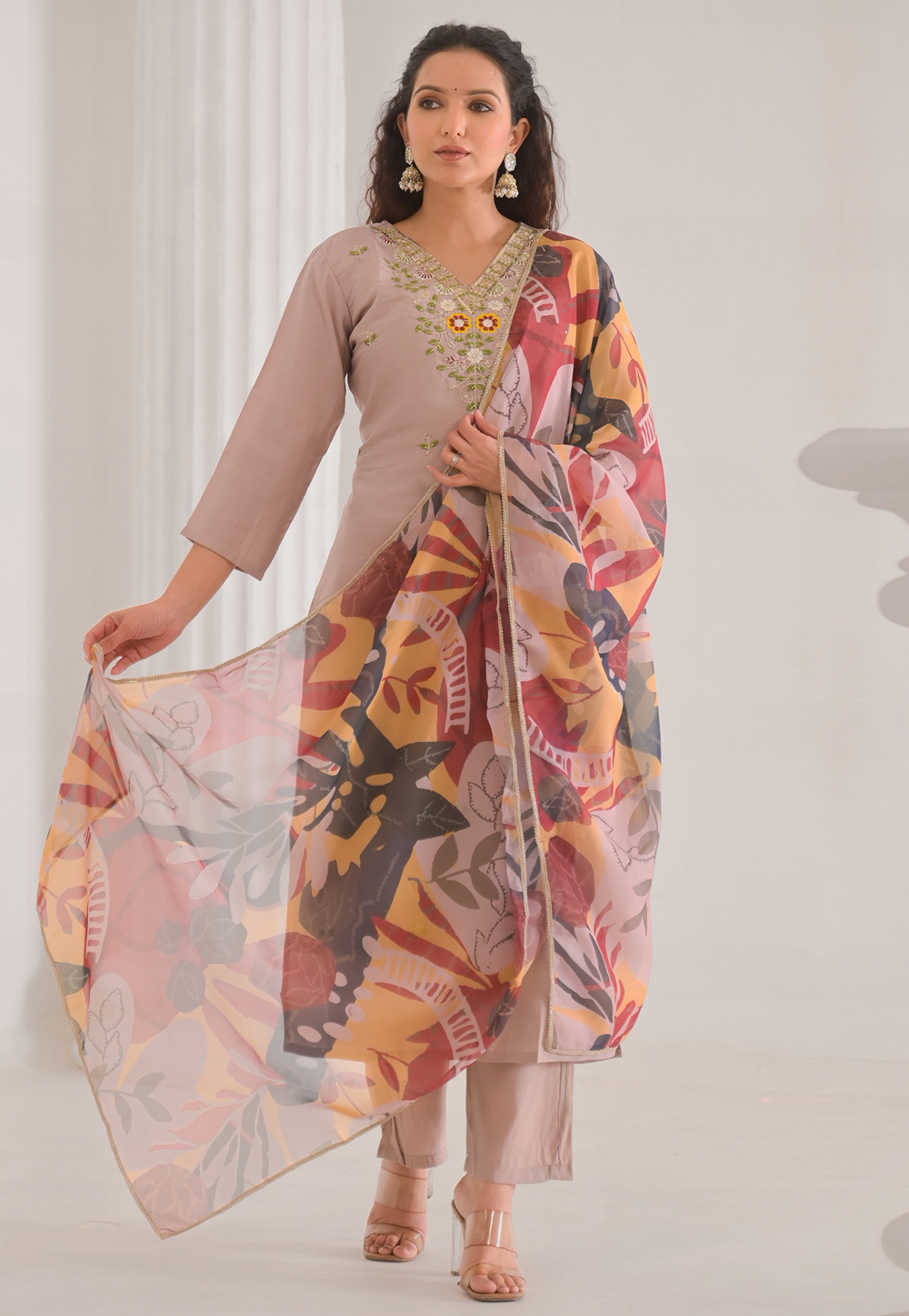 Beige Chanderi Readymade Pant Style Suit 309459
