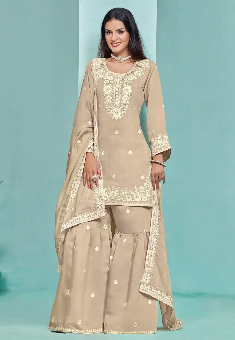 Beige Chanderi Silk Gharara Suit 292854