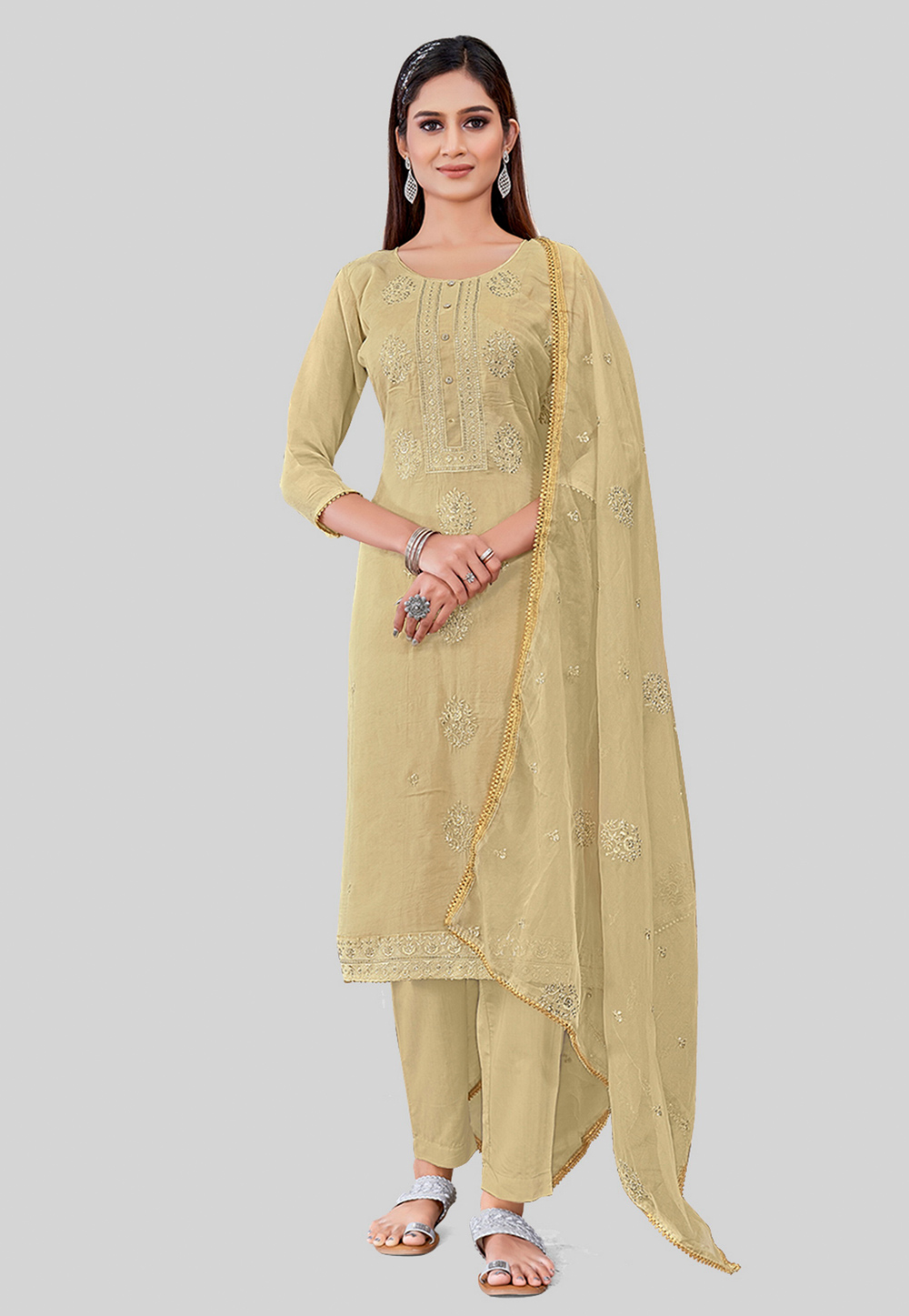 Beige Chanderi Silk Pakistani Suit 284589