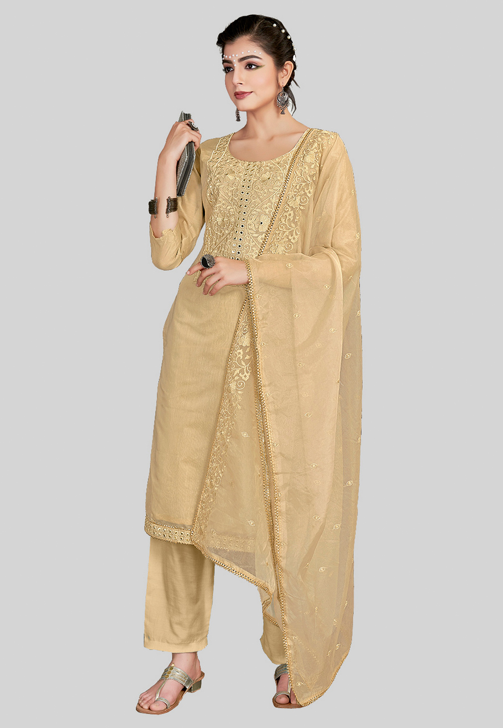Beige Chanderi Silk Pakistani Suit 284595