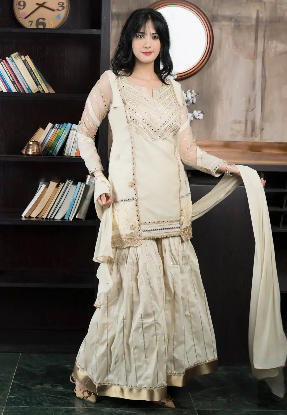 Beige Chanderi Silk Readymade Gharara Suit 299089