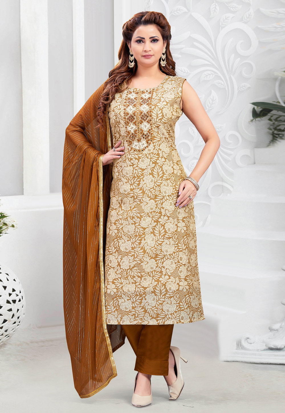 Beige Chanderi Silk Readymade Pakistani Suit 283665