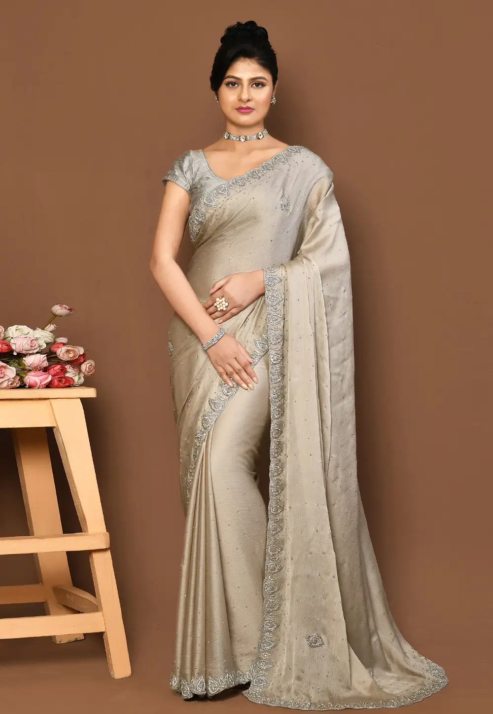 Beige Chiffon Saree With Blouse 296010