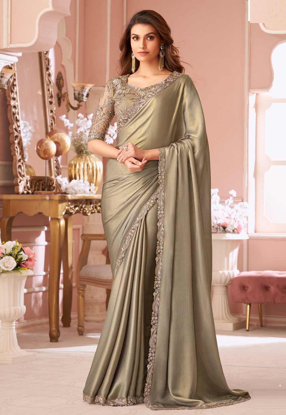 Beige Chiffon Shimmer Saree With Blouse 306257