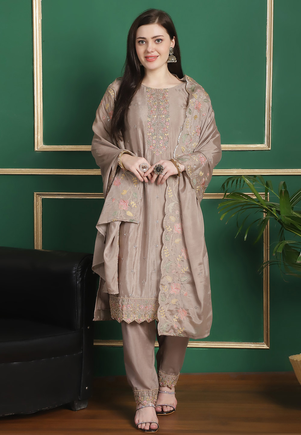 Beige Chinon Chiffon Pant Style Suit 309901