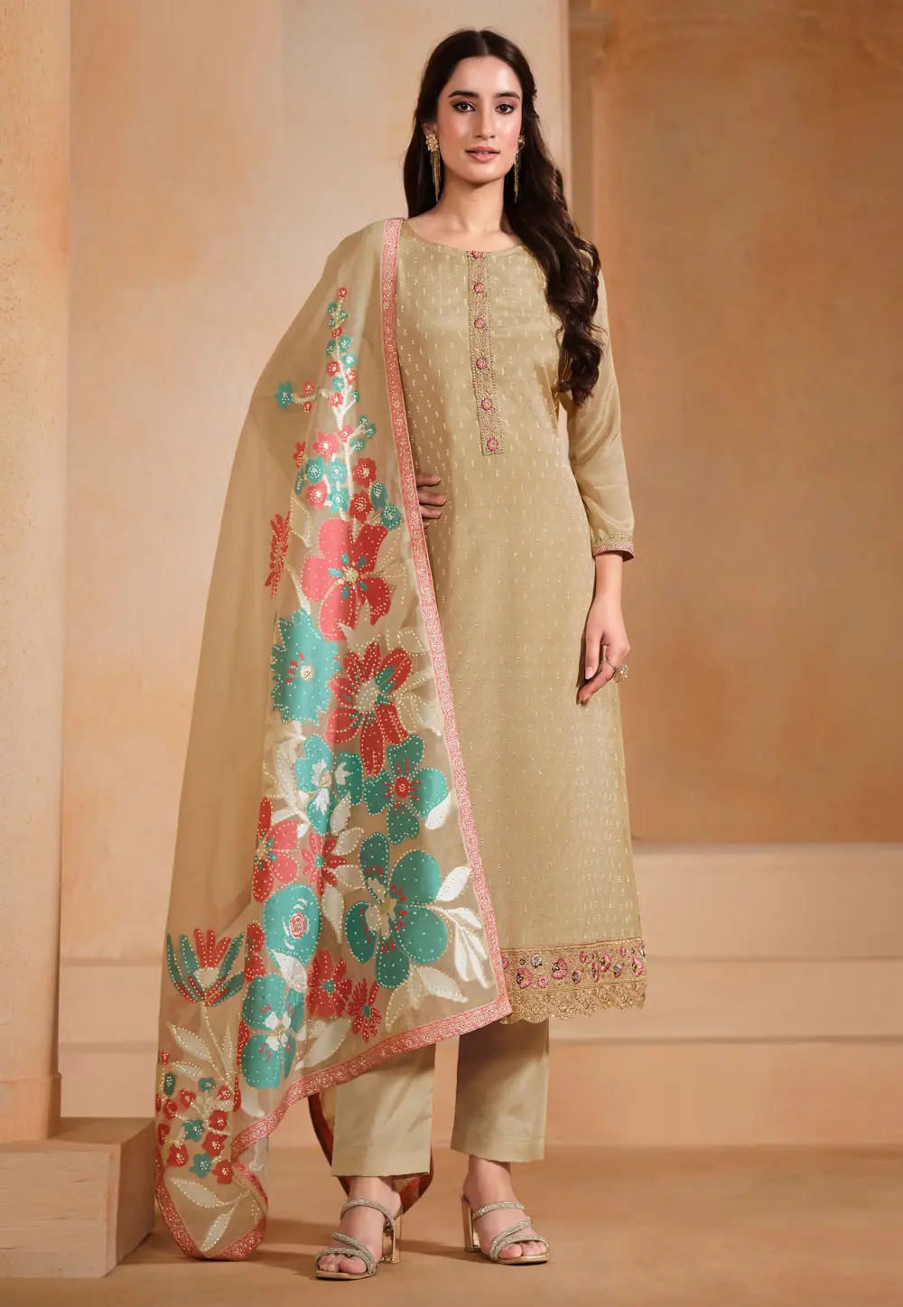 Beige Chinon Chiffon Straight Suit 299121