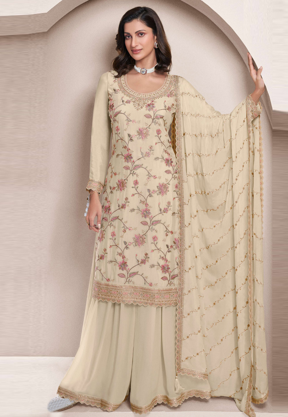 Beige Chinon Embroidered Sharara Suit 305561