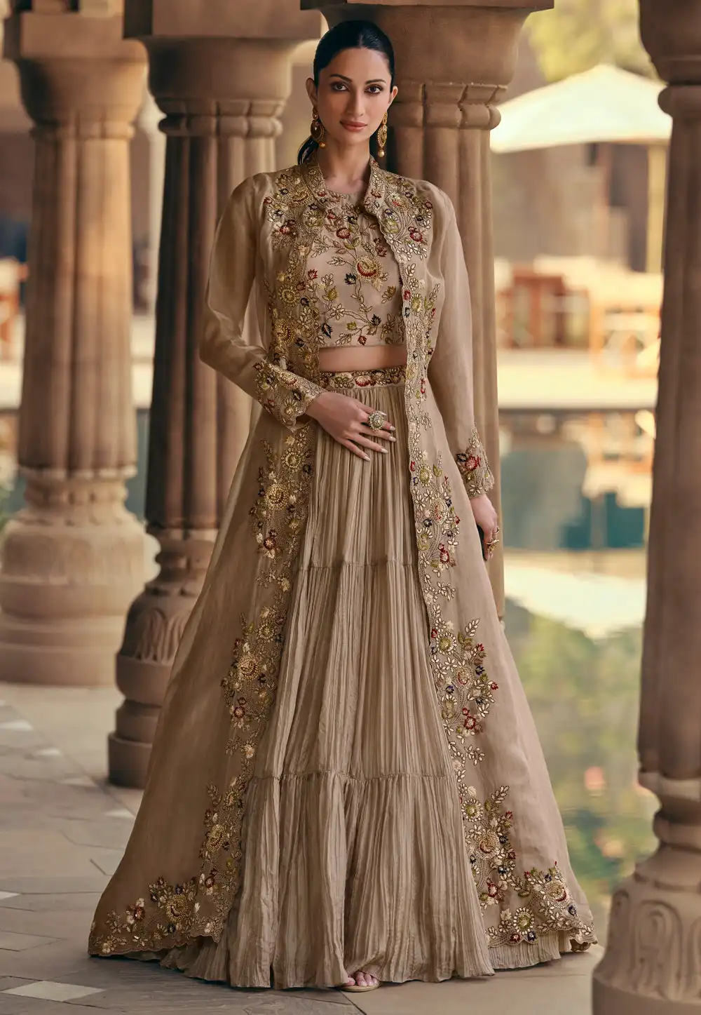 Beige Chinon Indo Western Lehenga Choli 293146