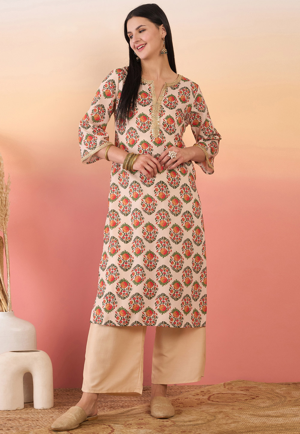 Beige Chinon Kurta Set With Palazzo 305250