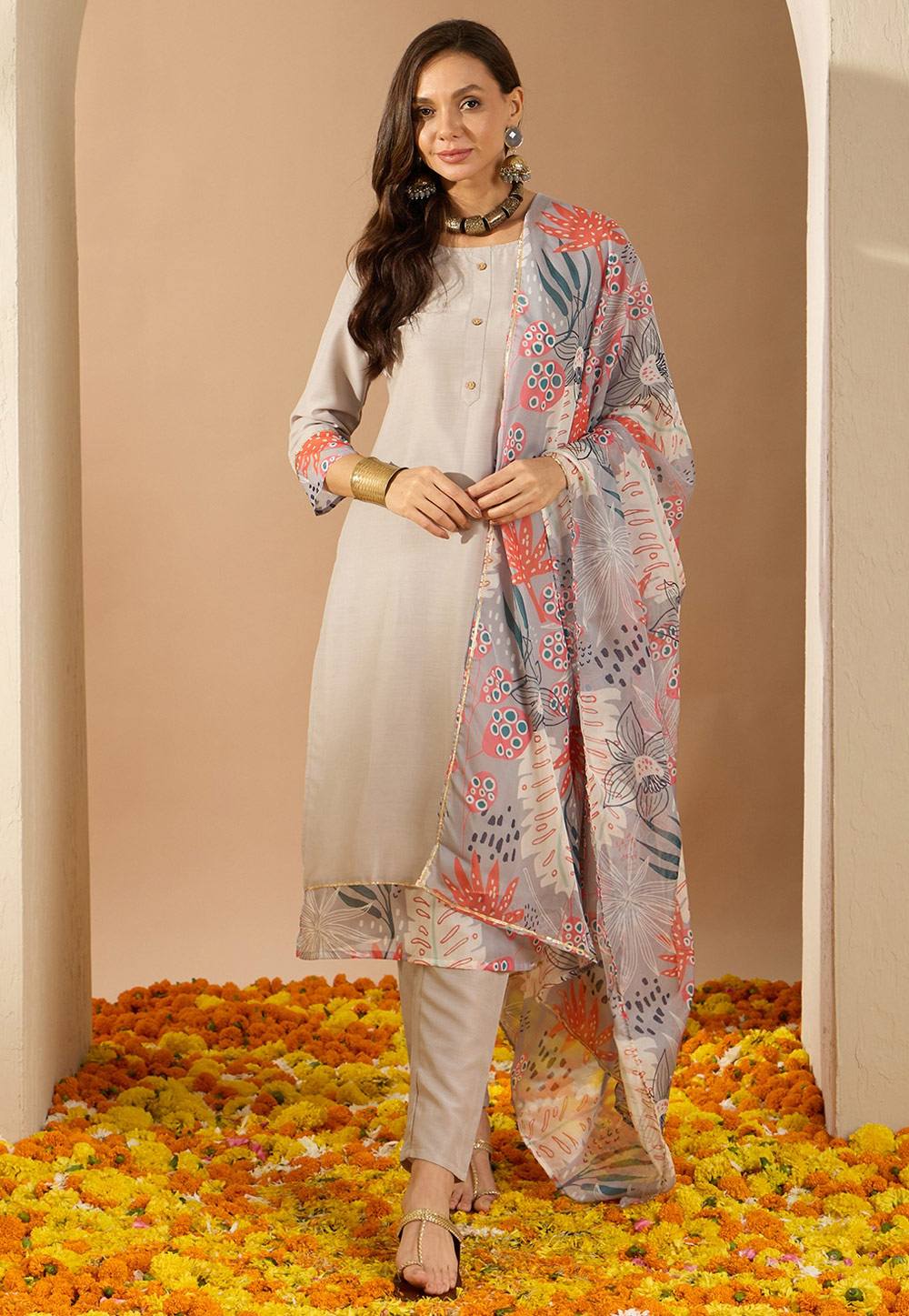 Beige Chinon Readymade Pakistani Suit 305255