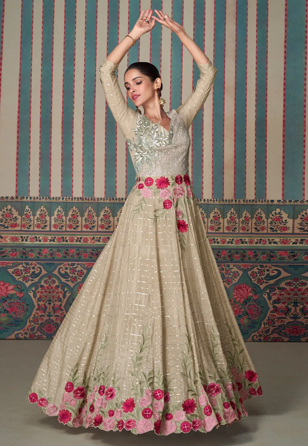 Beige Chinon Silk Anarkali Suit 297430