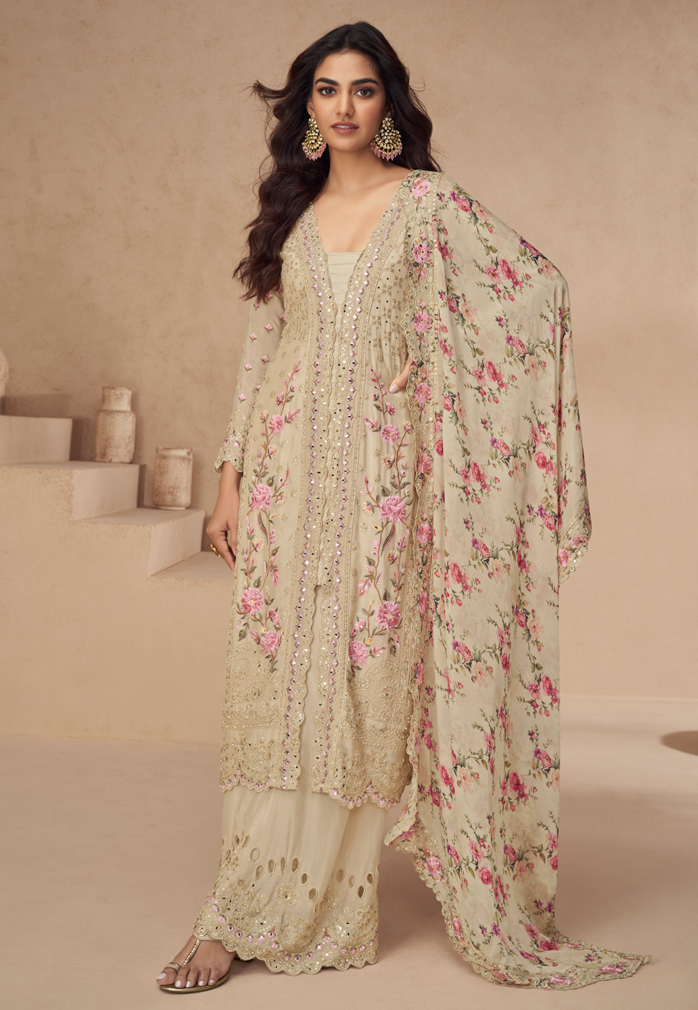 Beige Chinon Silk Embroidered Palazzo Suit 309331