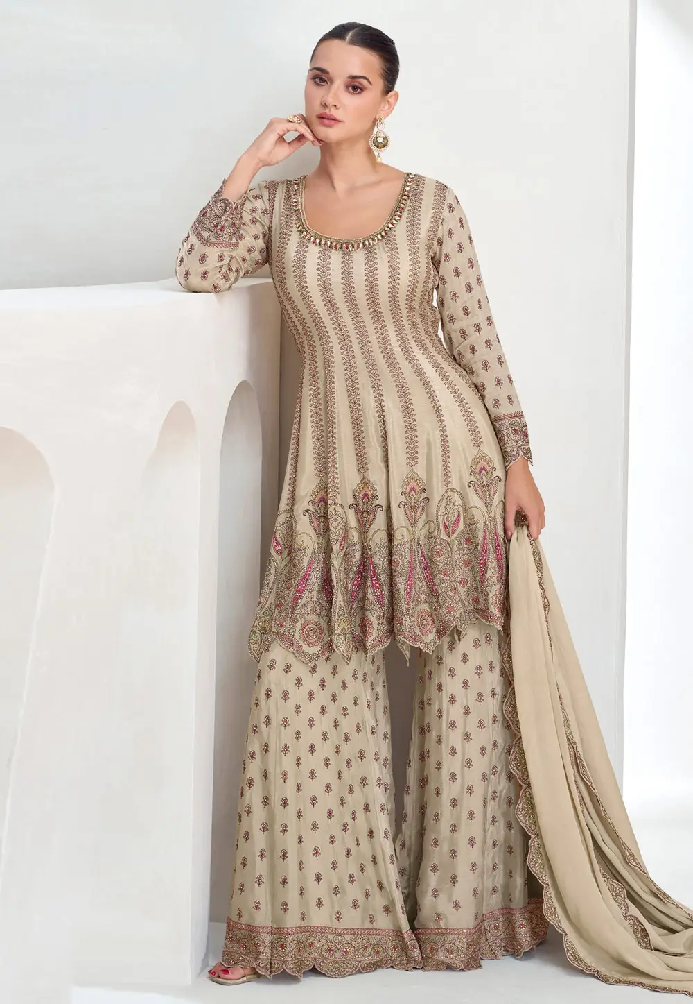 Beige Chinon Silk Palazzo Suit 296791