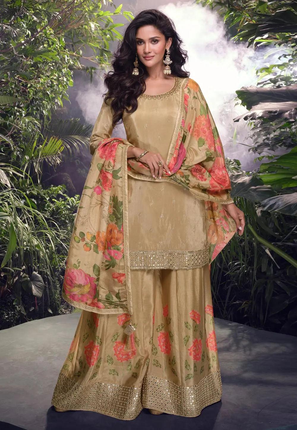 Beige Chinon Silk Palazzo Suit 299734