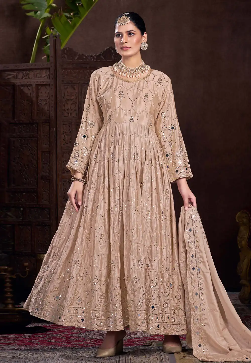 Beige Chinon Silk Readymade Anarkali Suit 293610