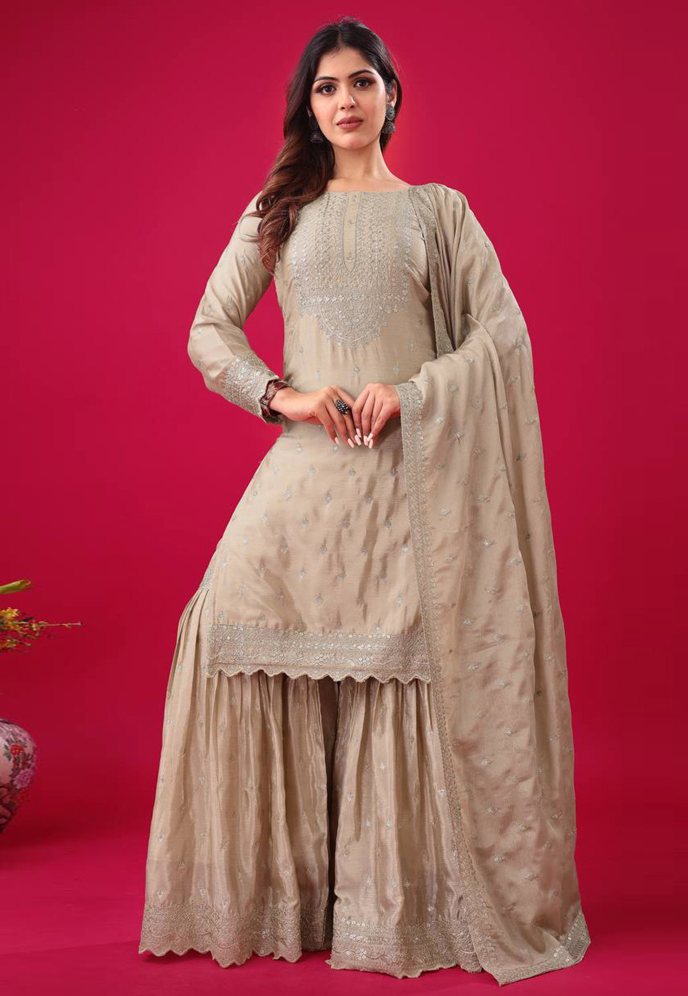 Beige Chinon Silk Readymade Gharara Suit 306210