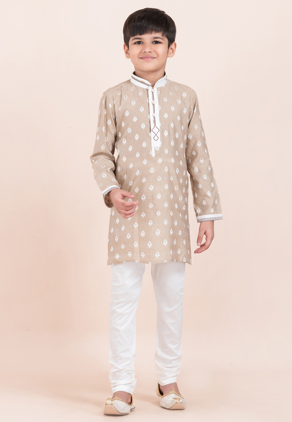 Beige Cotton Jacquard Kids Kurta Pajama 305354