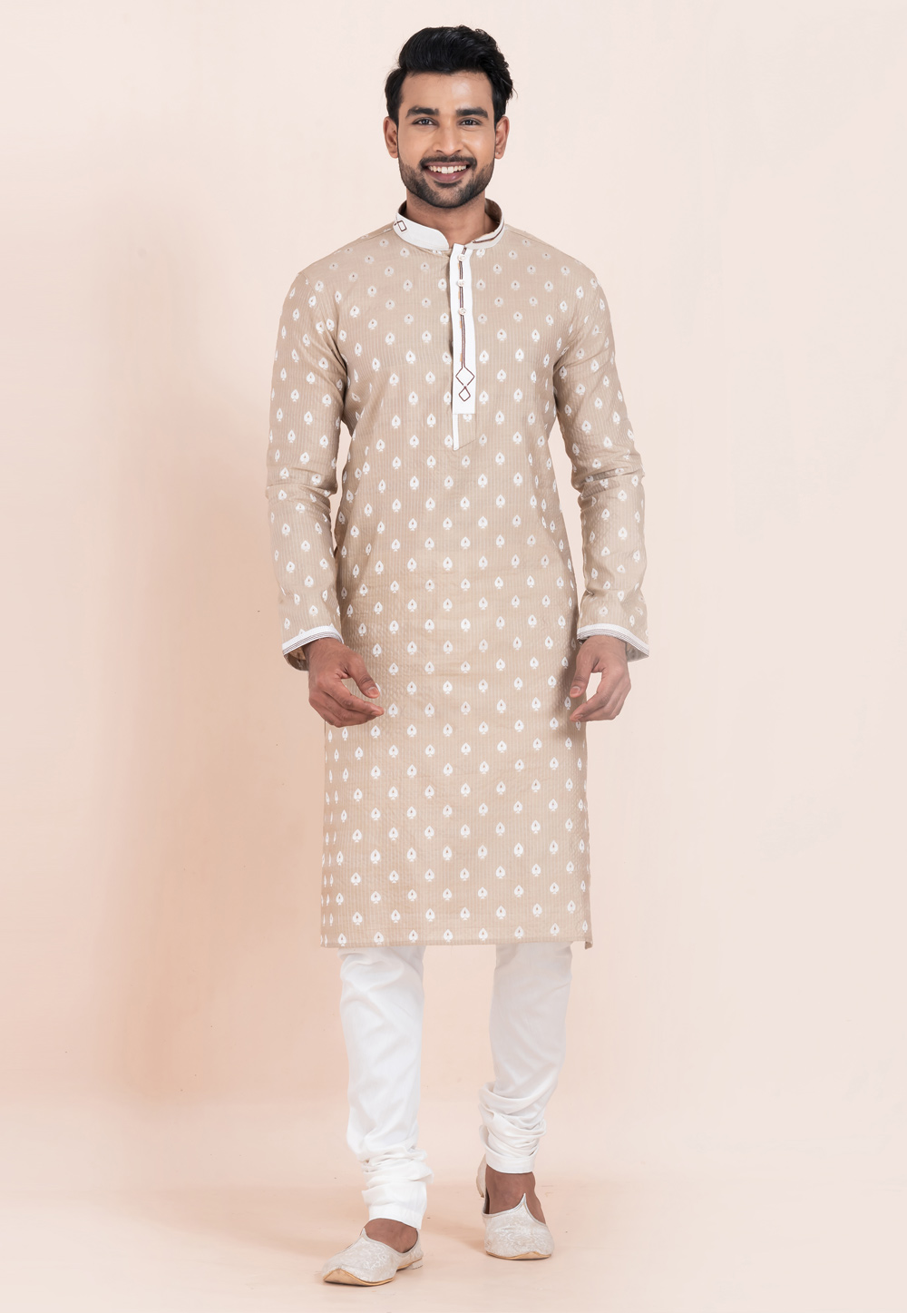 Beige Cotton Jacquard Kurta Pajama 305171