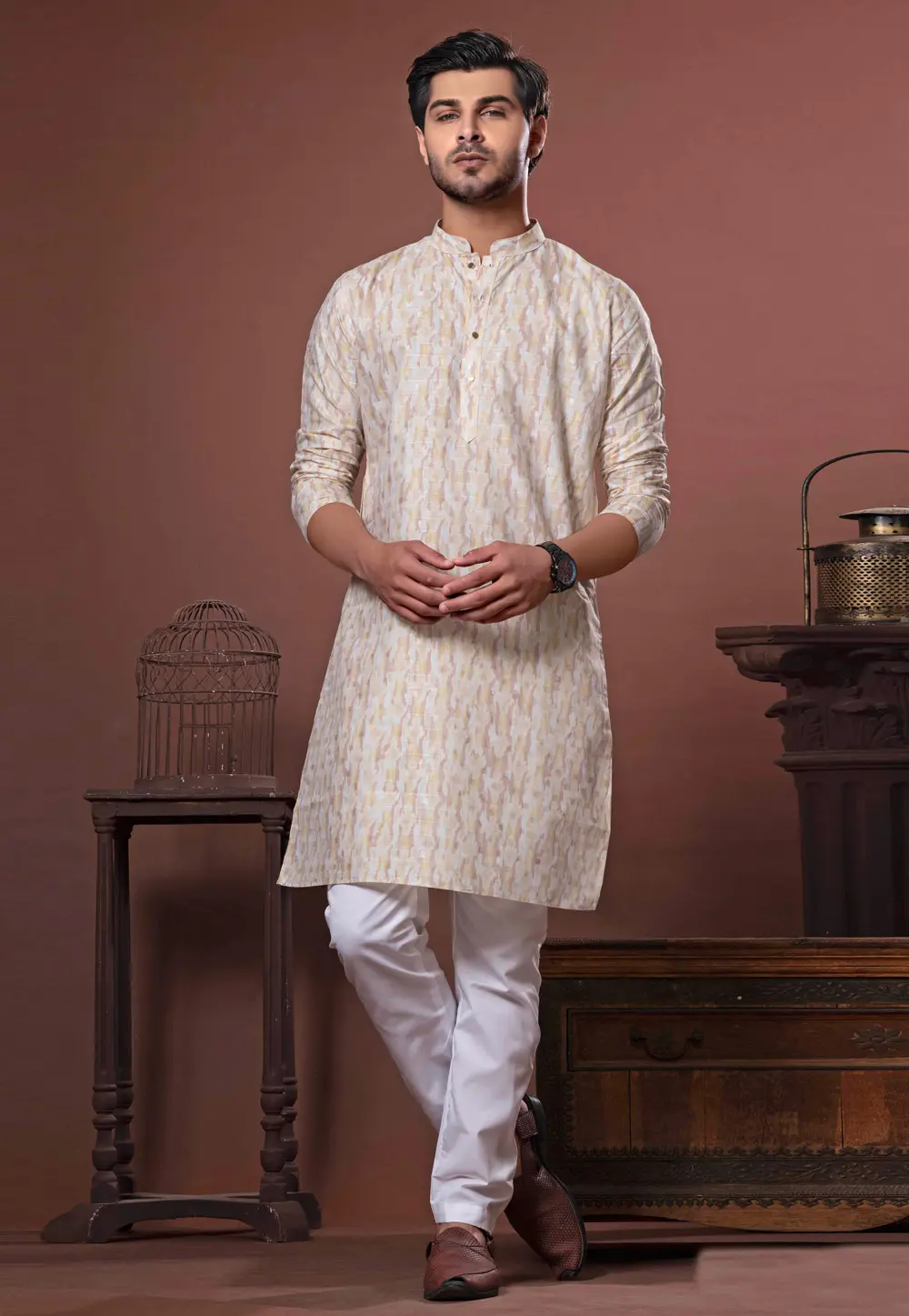 Beige Cotton Kurta Pajama 302120