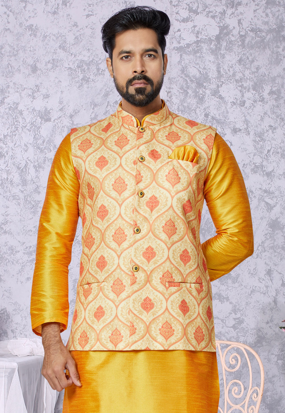 Beige Cotton Nehru Jacket 286781