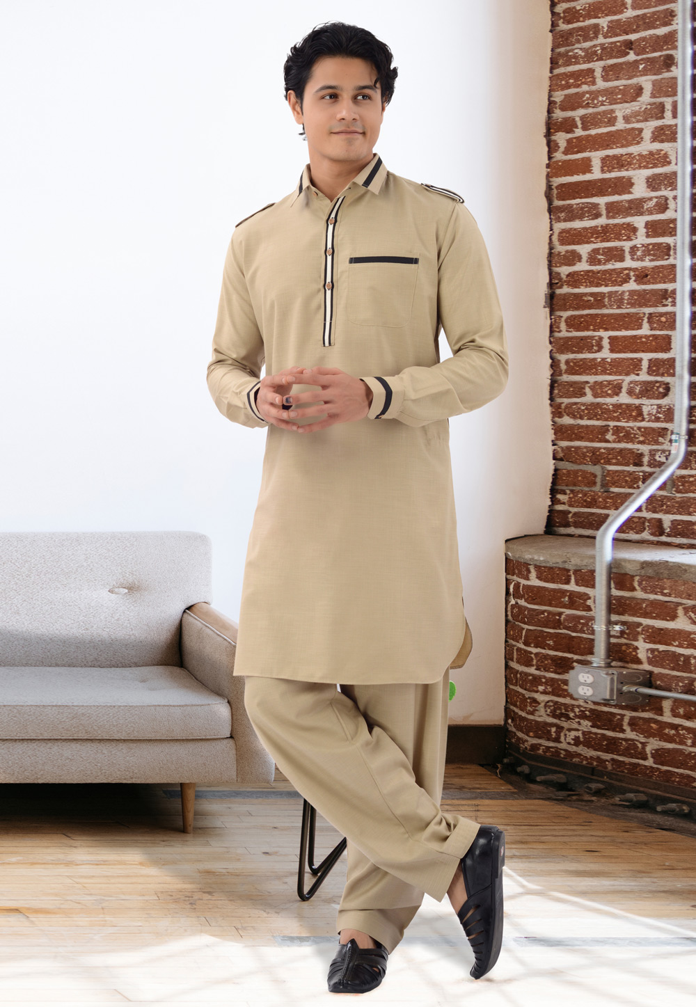 Beige Cotton Pathani Suit 282928