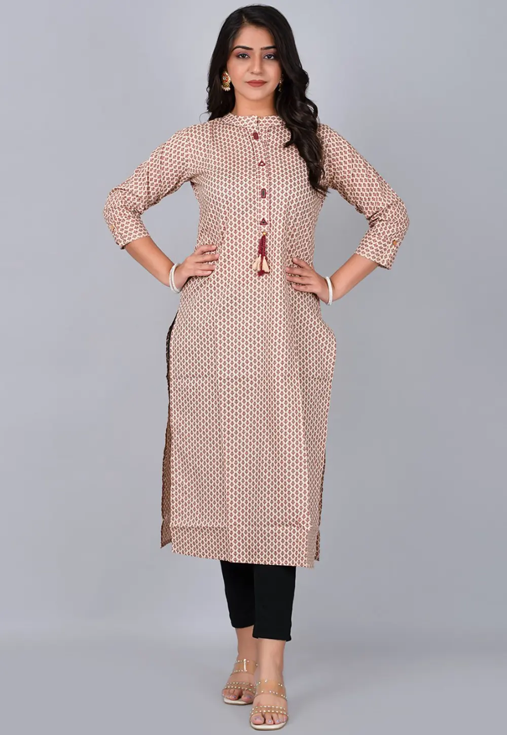 Beige Cotton Printed Long Tunic 302772