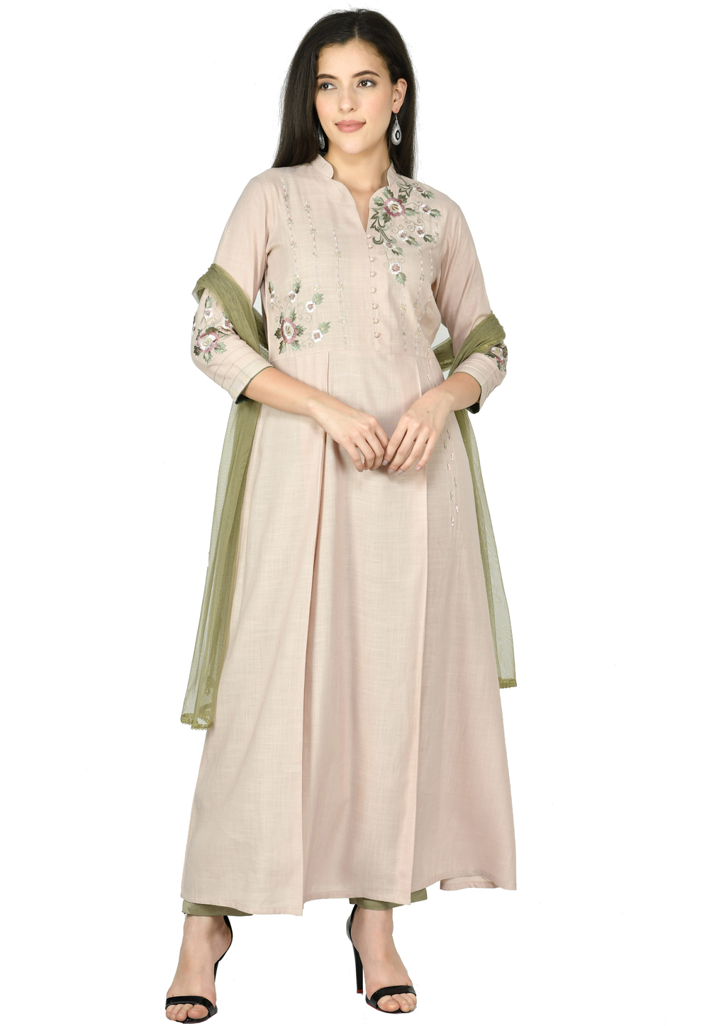 Beige Cotton Rayon Readymade Pant Style Suit 305467